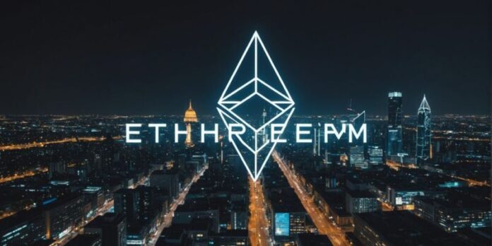 Ethereum logo with cityscape and blockchain elements
