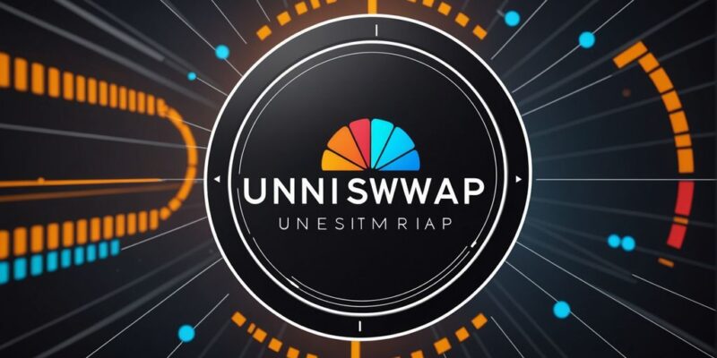 Uniswap logo with trading icons and graphs