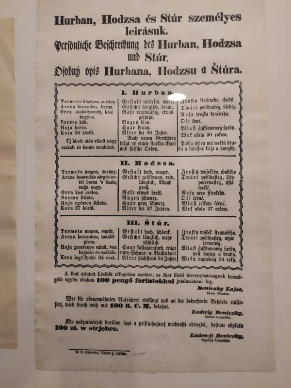 Dobový zatykač s osobným opisom Hurbana, Hodžu a Štúra v maďarčine, nemčine a slovenčine